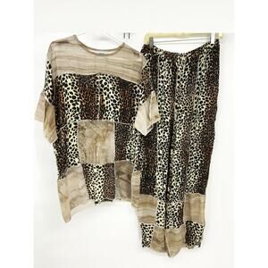 Gazapati 2 Piece Loose Blouse and Wide Leg Pants Animal Print Mesh One Size